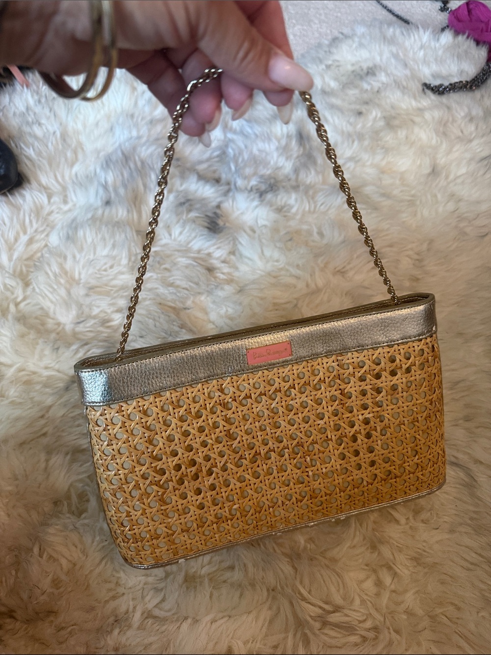 Lilly Pulitzer Woven Rattan Clutch with Metallic Trim
